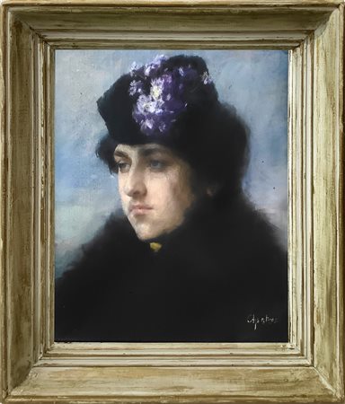 Alexandre Jacques  Chantron (Nantes 1842-Nantes 1918)  - Ritratto di donna con cappello floreale, nineteen° secolo