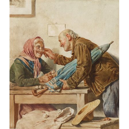 Eugenio Zampighi (attribuito a) (1859-Maranello 1944)  - Scena familiare di anziani