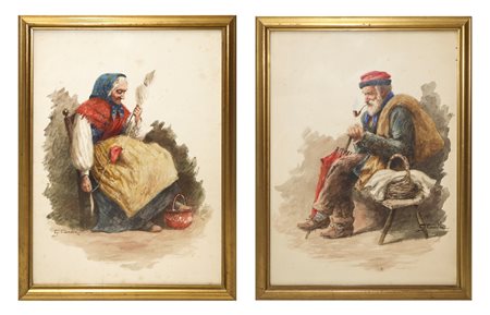 Giuseppe Canella (Venezia 1837-Padova 1913)  - Coppia di dipinti raffiguranti Anziani