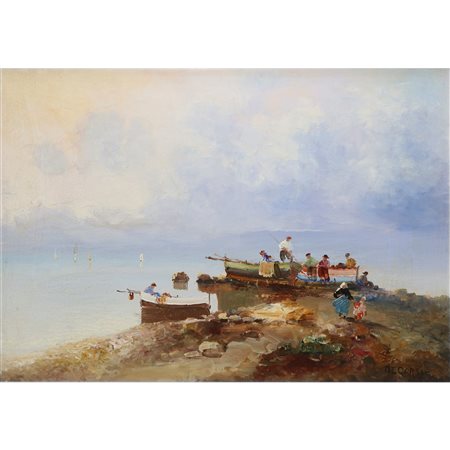 Nicolas De Corsi (Odessa 1882-Torre del Greco 1956)  - Marina con barche