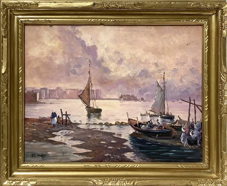 Nicolas De Corsi (Odessa 1882-Torre del Greco 1956)  - Marina con barche, 20° secolo