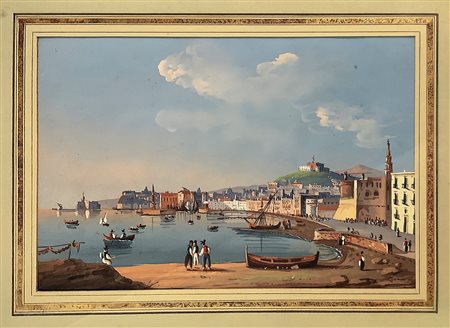 Dipinto raffigurante golfo con barche e personaggi, Fine the 19° secolo