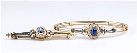  
Bracciale e spilla  in oro ed argento con zaffiri e diamanti - fine XIX secolo 
 