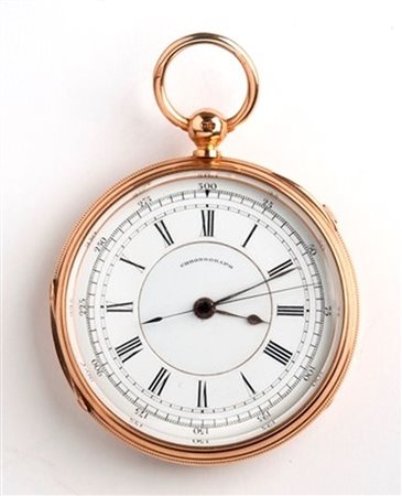  
Orologio da tasca vittoriano inglese in oro 18k, cronografo 1/5 centre seconds  - Londra 1879 
 