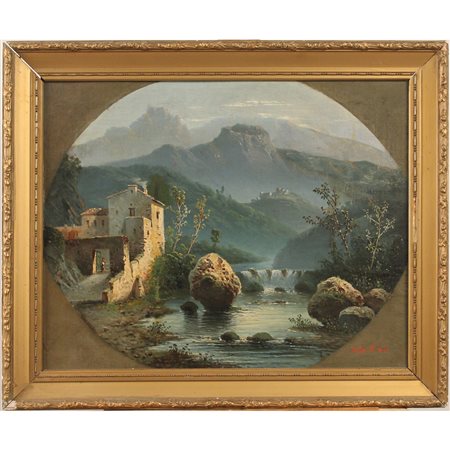 Pietro Sassi (1834/1905) "Paesaggio fluviale con casolari" - "River landscape with farmhouses"