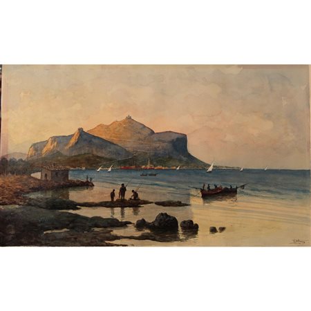 Vincenzo Vitrano (1907/1974) "Veduta di Monte Pellegrino con barche di pescatori" - "View of Monte Pellegrino with fishing boats"