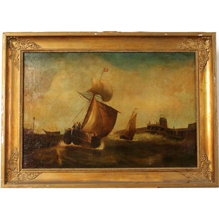 Scuola inglese della fine del secolo XIX "Imbarcazioni nella tempesta" - English school of the end of the 19th century "Boats in the storm"