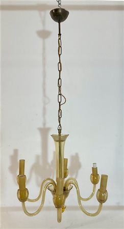 Manifattura di Murano Lampadario a sei bracci in vetro soffiato pagliesco inciso