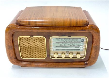 Radio a valvole con cassa in legno multistrato, frontale in radica e bachelite,