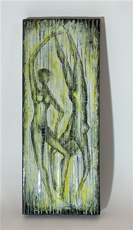 Otello Rosa Tavella in terracotta smaltata in nero, giallo e bianco e decorata d