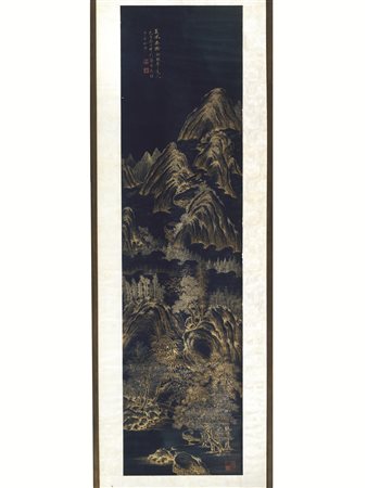 Dipinto, Cina sec XX, in oro su carta a fondo blu, raffigurante un paesaggio...