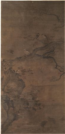 Dipinto, Cina sec. XVII, su seta, raffigurante paesaggio con arbusti e...