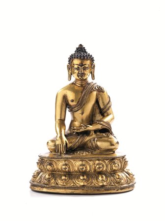 Scultura, Tibet sec. XVII, in bronzo dorato assiso in dhyanasana su doppia...