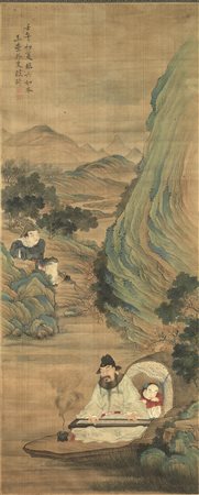 Dipinto su seta Cina dinastia Qing sec. XIX, raffigurante musicista in un...
