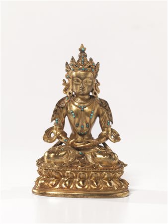 Scultura Cino Tibetana, sec. XVIII, in bronzo dorato con turchesi,...
