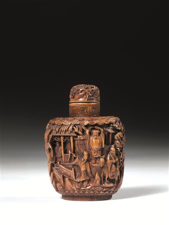 Snuff bottle, Cina sec. XVIII-XIX, in osso inciso raffigurante i sette saggi...