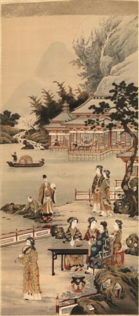 Coppia di scrolls, Cina inizi sec. XX, in velluto, raffiguranti scene...