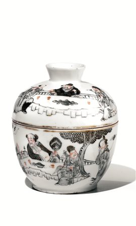 Vasetto con coperchio, Cina, periodo repubblicano, in porcellana decorato con...