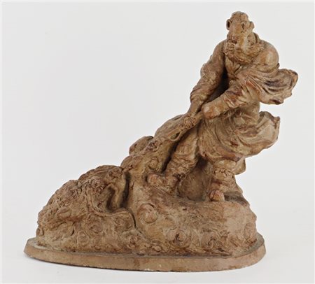 Ignoto "Divinità orientale in lotta col drago" scultura in terracotta (h. cm 21