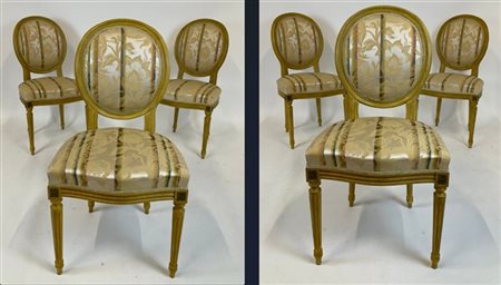 Gruppo di sei sedie in legno intagliato e dipinto con schienale a medaglione, g