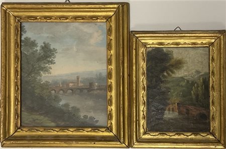 Lotto composto da due dipinti del secolo XIX raffiguranti paesaggi fluviali, in