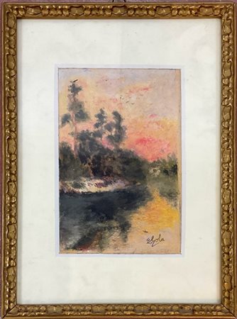 Ignoto "Tramonto sul fiume" 
tecnica mista su cartoncino (cm 14x9)
 Iscritto in