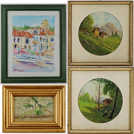 Lotto composto da tre acquerelli e una cartolina illustrata di misure e soggett