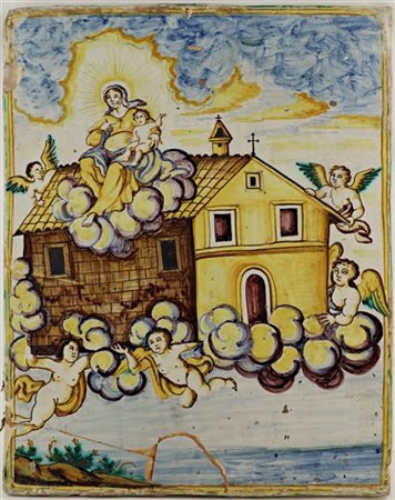 Manifattura del secolo XVIII-XIX. Placca in maiolica dipinta in policromia raff