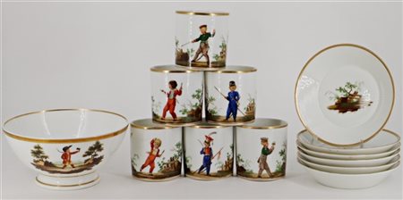 Manifattura del secolo XIX. Gruppo di sei tazze da tè con piattini ed una cioto