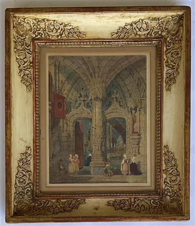 Ignoto del secolo XIX

"Interno di chiesa gotica con figure" 
acquerello su car