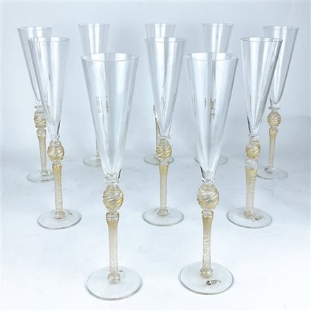 Manifattura Cenedese & Albarelli, Murano. Gruppo di dieci calici a flute in vet