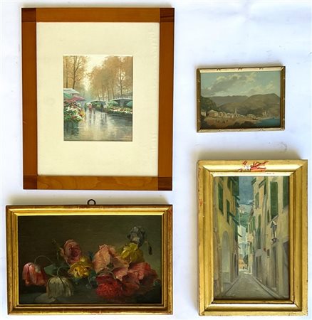 Lotto composto da quattro dipinti ad olio su diversi supporti, di diversi sogge