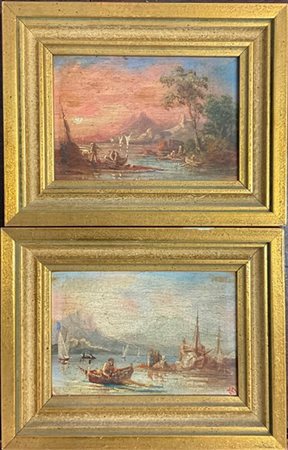 Ignoto del secolo XIX, coppia "Marine con pescatori"olio su tavoletta (cm 8x11)