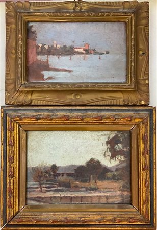 Gustavo Vitale Coppia di dipinti ad olio su tavoletta raffiguranti "Paesaggi a G