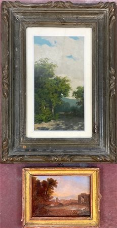 Lotto composto da due dipinti ad olio su cartoncino raffiguranti "Paesaggi" di