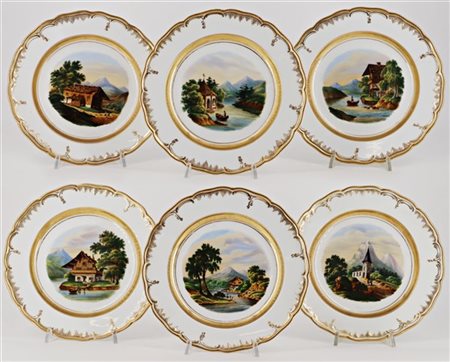 Manifattura KPM, Berlino, secolo XIX. Gruppo di sei piatti in porcellana decora