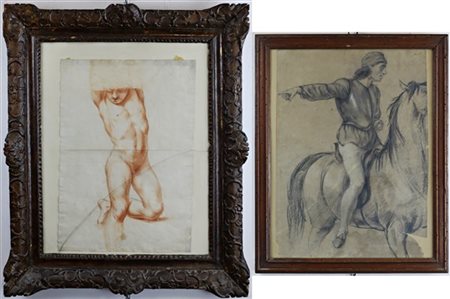 Lotto composto da un disegno a sanguigna raffigurante "nudo maschile" ed un dis