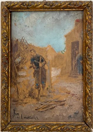 Ignoto del secolo XX, 
"Soldati" 
tecnica mista su tavoletta (cm 14x9,5)
Firmat