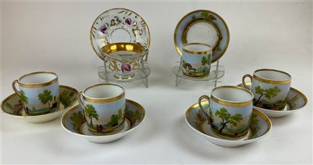 Manifattura del secolo XIX. Lotto composto da cinque tazze con piattino in porc