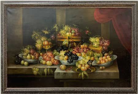 Ignoto, Composizione con frutta su vassoi e tavolo, olio su tela, cm 110x170 in