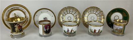 Manifatture diverse, secolo XIX. Lotto composto da cinque tazze con piattini in