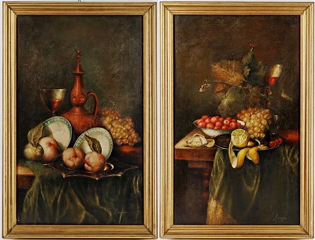 Ignoto "Composizione con frutta" Coppia di dipinti ad olio su tela (cm 50x30) I
