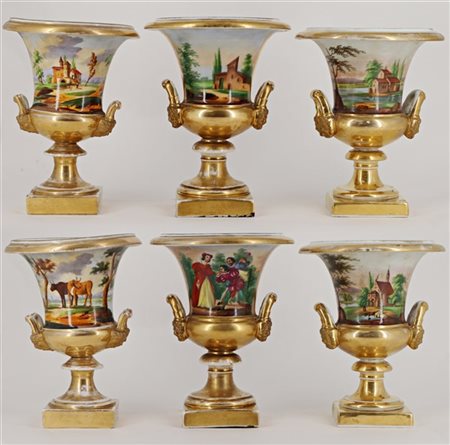 Manifatture diverse, secolo XIX. Lotto composto da tre coppie di vasi biansati