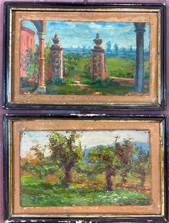 Tino Pelloni Lotto composto ad due dipinti ad olio su tavoletta raffiguranti "Pa