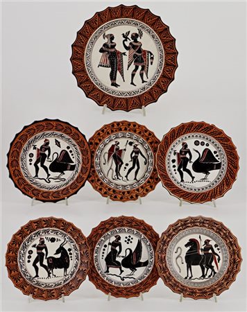 Manifattura Del Vecchio, Napoli, secolo XIX. Lotto composto da sei piattini con