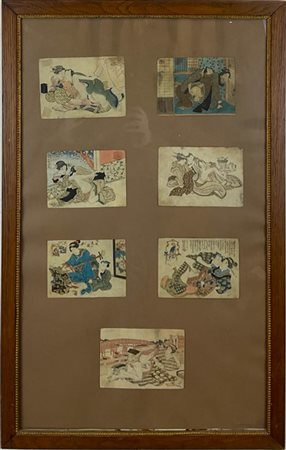 Gruppo di sette stampe di soggetto erotico (SHUNGA) di artisti diversi in un'un