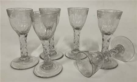 Manifattura del secolo XVIII-XIX. Gruppo di sei calici in vetro molato e inciso