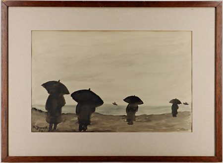 Firma indecifrata "Figure con ombrelli in riva al mare" 1955, acquerello su car