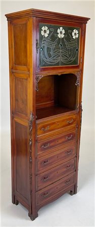 Cassettiera con stipo a vetrina di gusto Liberty in legno massello impiallaccia