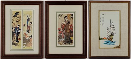 Lotto composto da due stampe su tessuto e un quadretto con soggetto orientale,